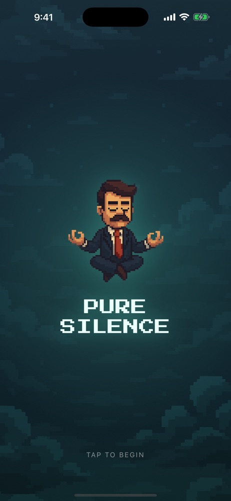 Pure Silence splash screen with the pixel-art mascot and wordmark on a night sky