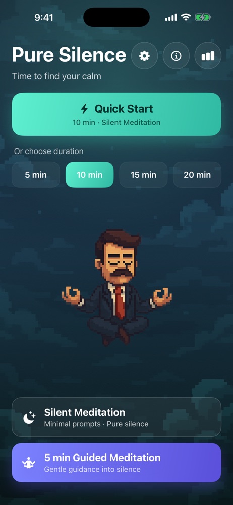 Home screen showing Quick Start and duration choices of 5, 10, 15, and 20 minutes