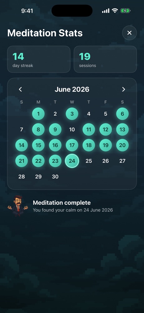 Meditation statistics screen with a monthly calendar of your sessions