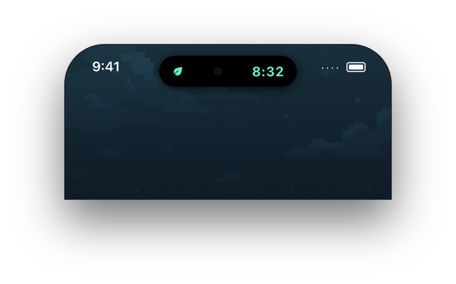 iPhone Dynamic Island showing a live Pure Silence meditation countdown of 8:32