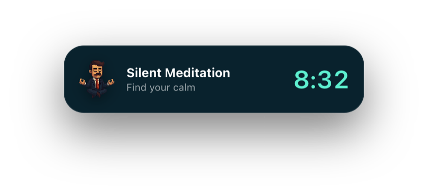 Lock Screen Live Activity banner with the mascot, Silent Meditation, Find your calm, and a mint 8:32 countdown