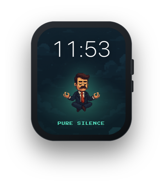 Pure Silence Apple Watch face with the meditating mascot and pixel wordmark on a night sky