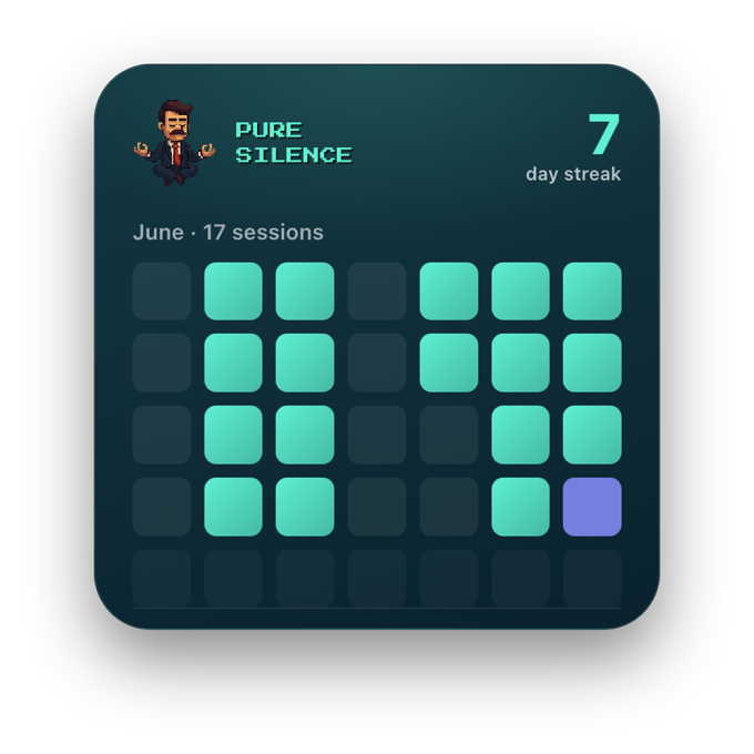 Large home-screen widget showing a 7-day streak and a month grid of meditation sessions