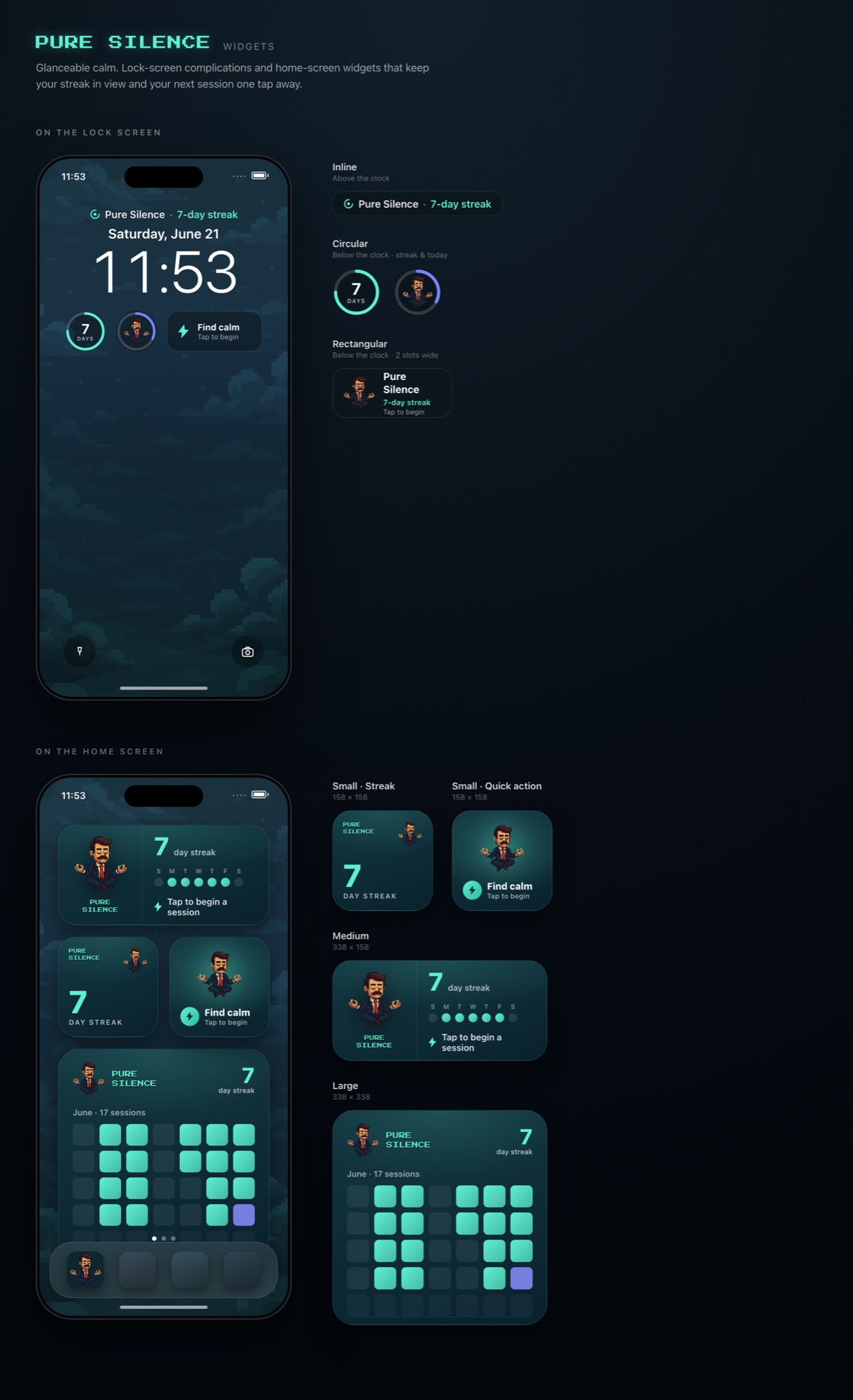 Pure Silence widgets — iPhone Lock Screen and home screen with small, medium, and large widgets in every size